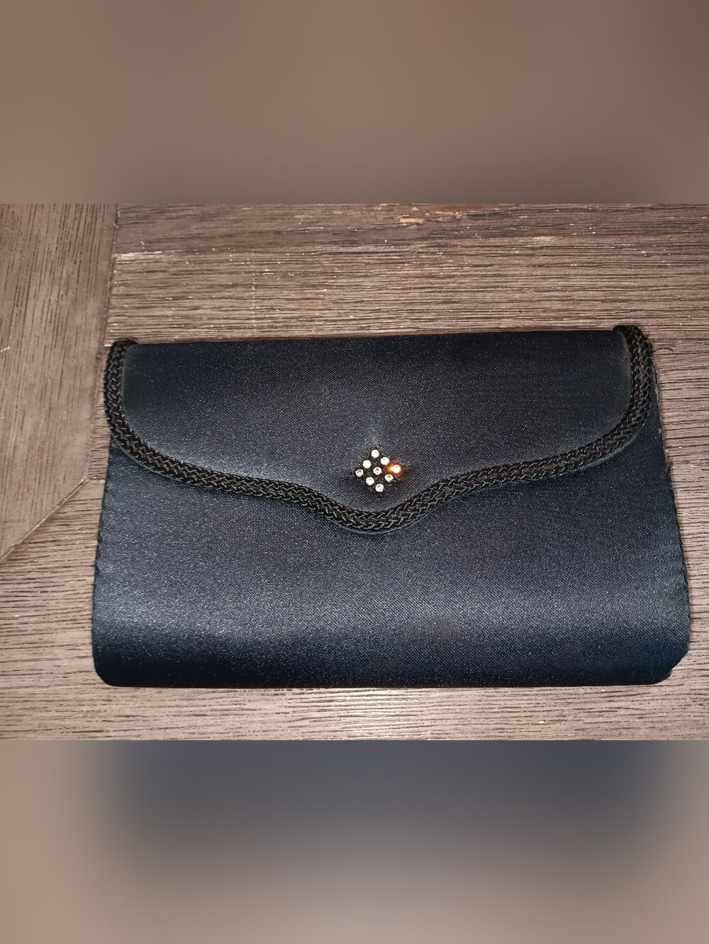 Black Satin Clutch with Rhinestone Detail